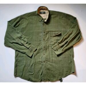 Orvis Mens Large Shirt Olive Green Windowpane Plaid 100% Cotton Long Sleeve